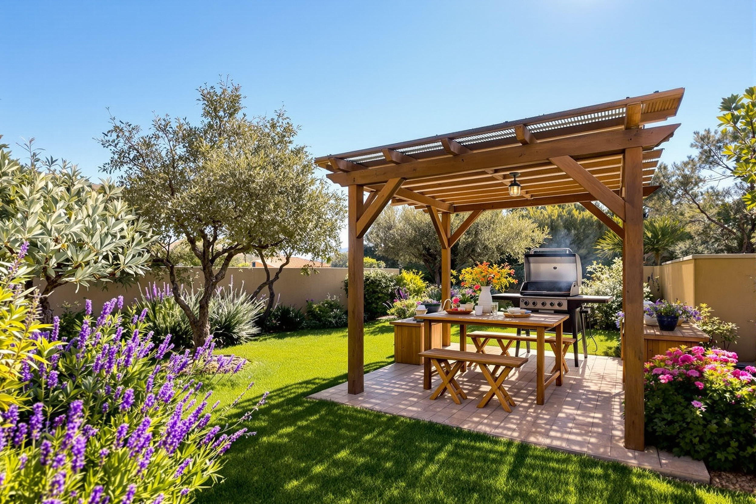 Giardino con gazebo e barbecue di una villetta vacanze