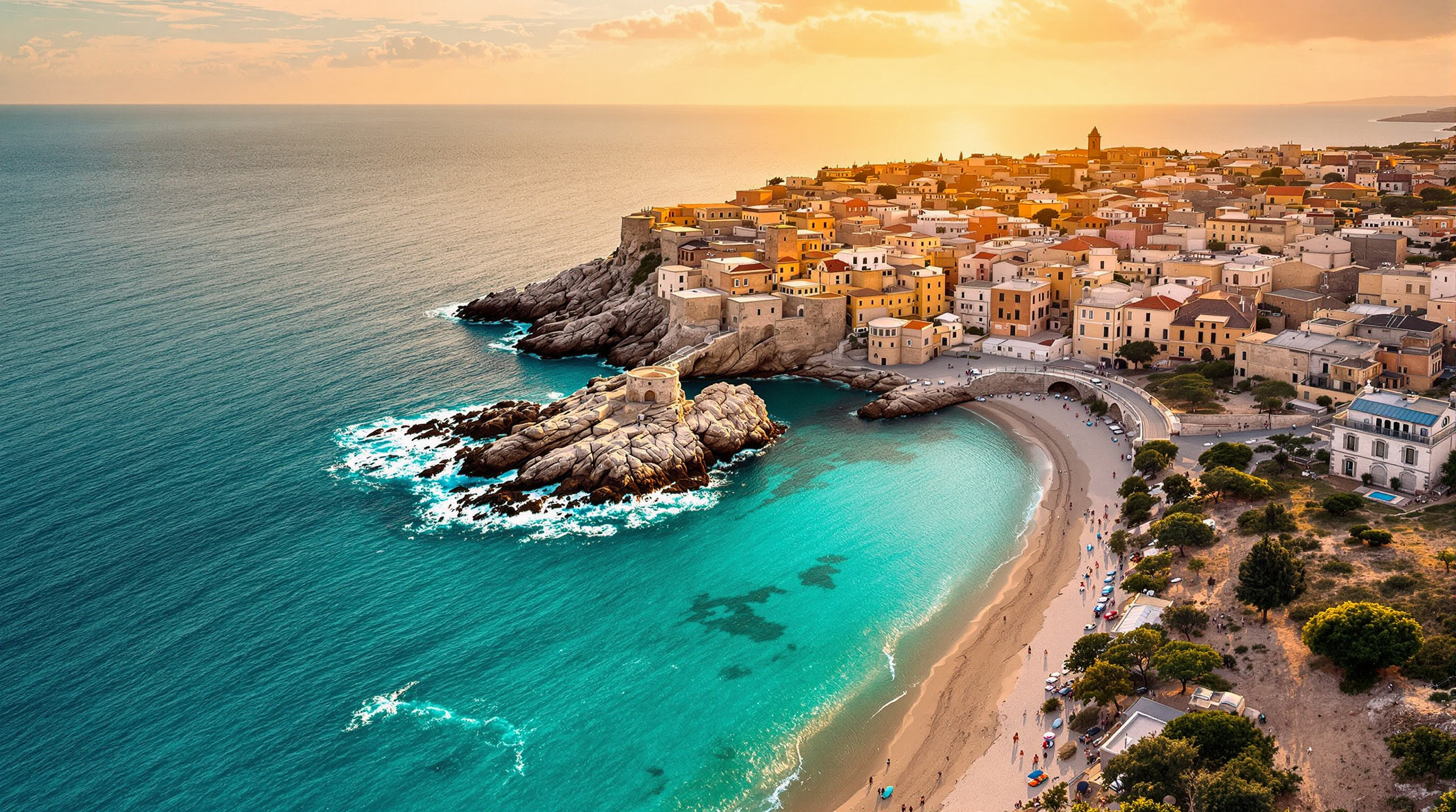 Veduta aerea di Gallipoli e del mare cristallino al tramonto